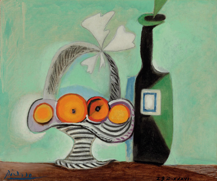 Картина Пабло Пикассо. Натюрморт. Корзина фруктов и бутылка. 1937 ($4,2 млн)