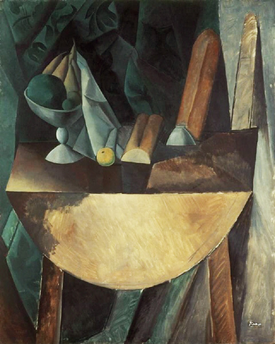 Картина Пабло Пикассо. Хлеб и блюдо с фруктами на столе. 1909