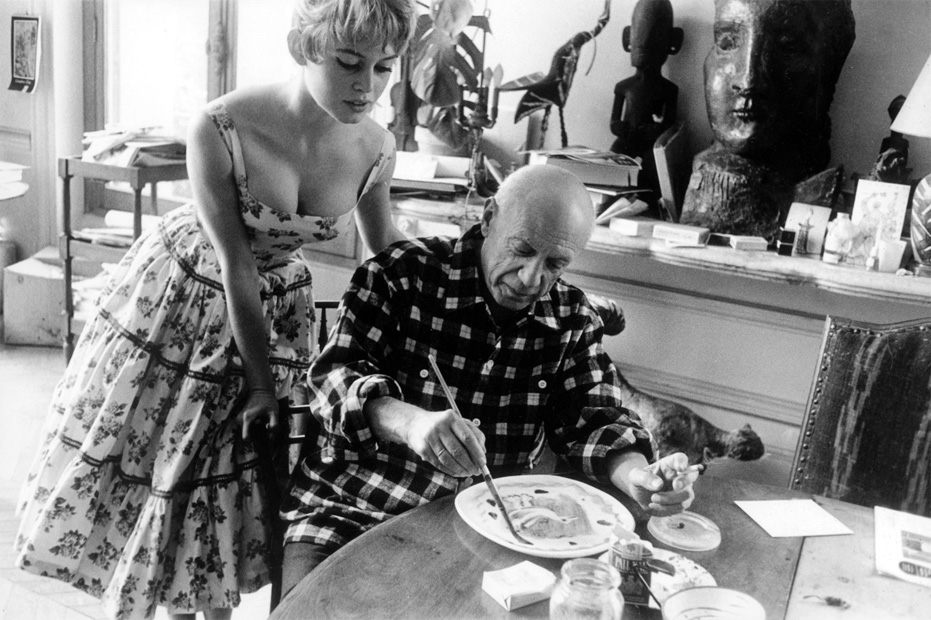 Pablo Picasso in his studio La California with Brigitte Bardot during the 1956 International Cannes Film Festival. Photograph Jerome Brierre Getty Images