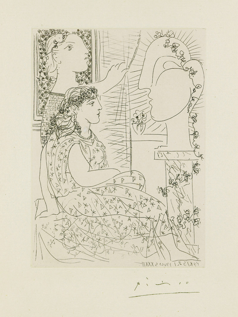 Картина Пабло Пикассо. Сюита Воллара (017). Две модели в одеждах и скульптурный бюст. 1933