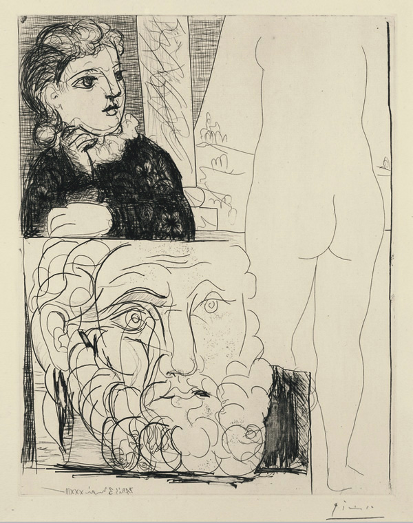 Картина Пабло Пикассо. Сюита Воллара (051). Женщина, скульптура женщины и мужской портрет. 1933