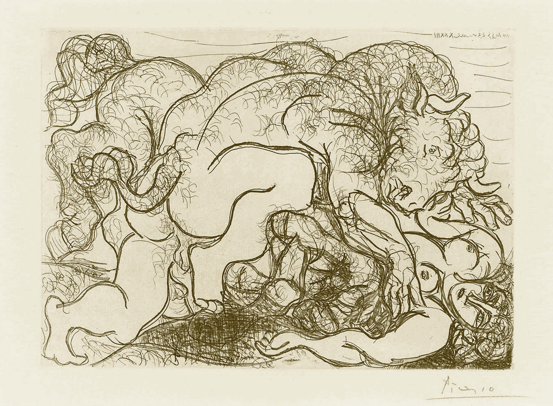 Картина Пабло Пикассо. Сюита Воллара (062). Минотавр, атакующий амазонку. 1933