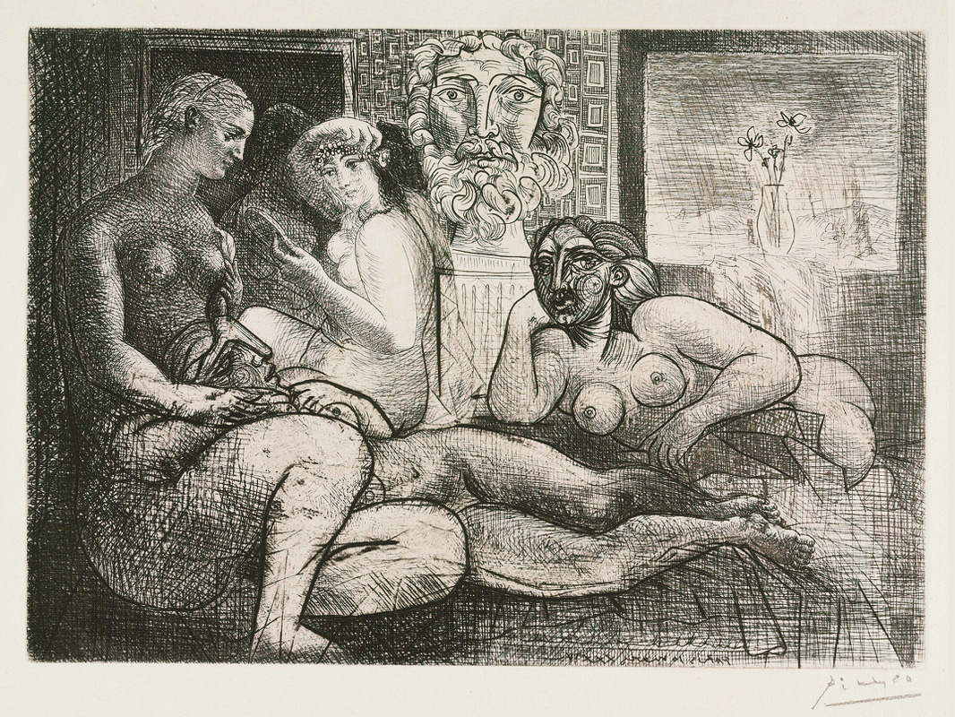 Картина Пабло Пикассо. Сюита Воллара (085). Четыре обнаженных и скульптурная голова. 1934
