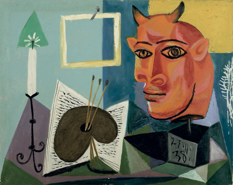 Картина Пабло Пикассо. Натюрморт со свечой, палитрой и красной головой Минотавра. 1938