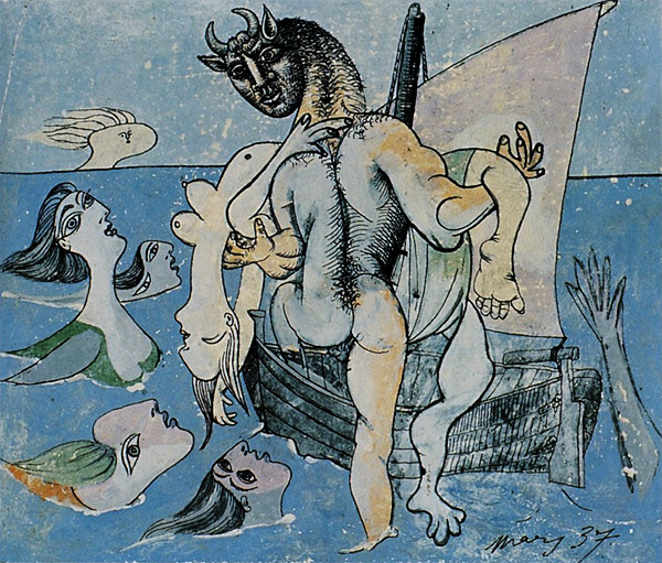 Картина Пабло Пикассо. Сирены и Минотавр, спасающий женщину. 1937